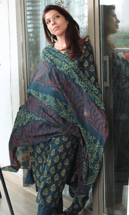 Cotton Dark Green Handblock Badmeri Print Suit with Cotton Printed Dupatta - Baareeki