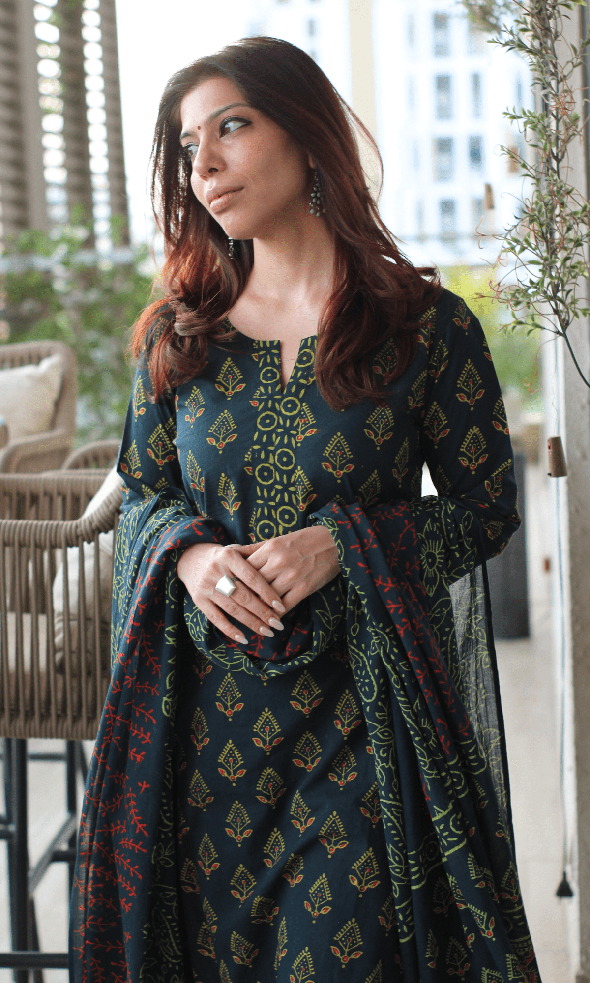 Cotton Dark Green Handblock Badmeri Print Suit with Cotton Printed Dupatta - Baareeki