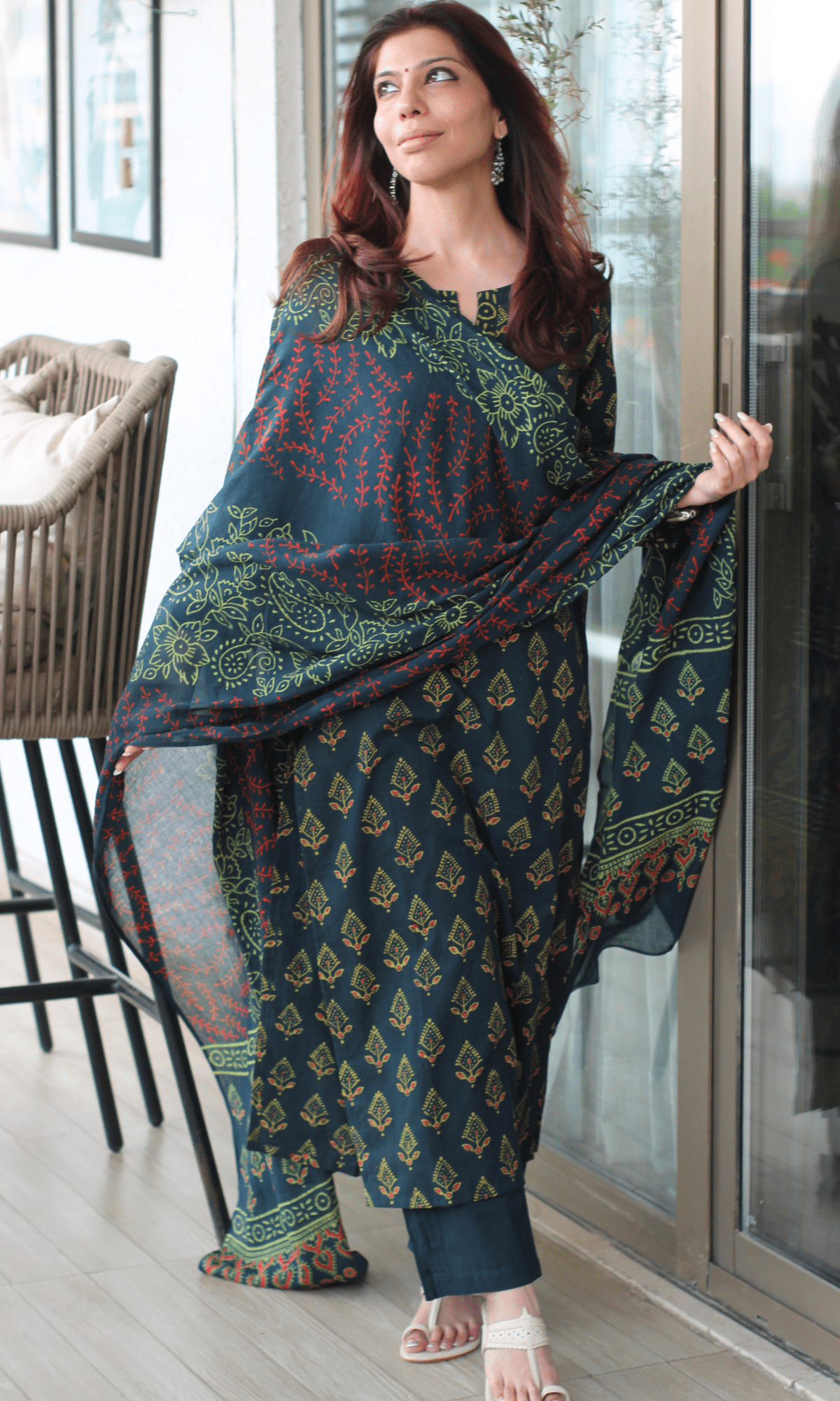 Cotton Dark Green Handblock Badmeri Print Suit with Cotton Printed Dupatta - Baareeki