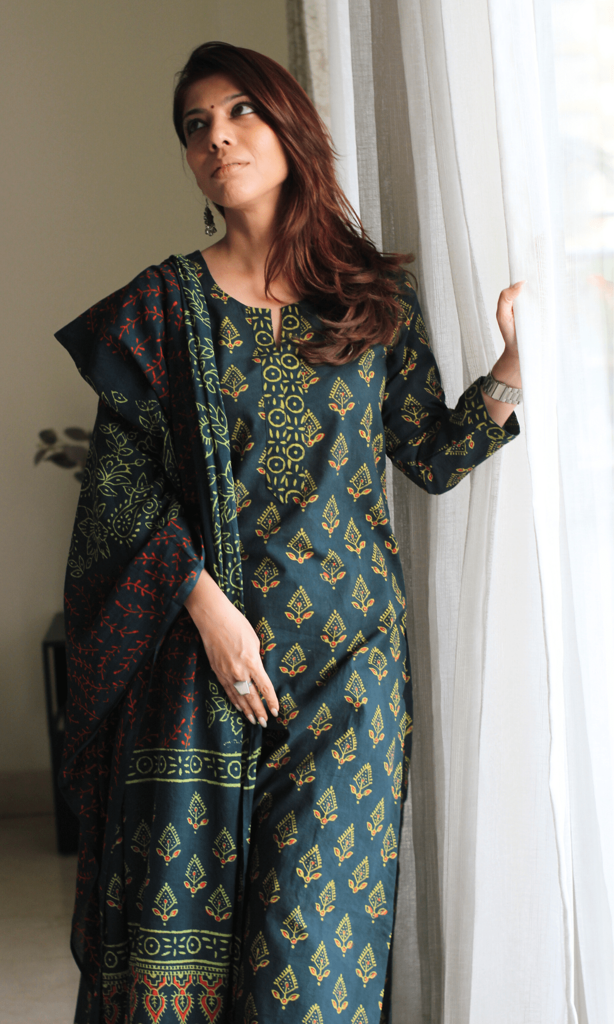Cotton Dark Green Handblock Badmeri Print Suit with Cotton Printed Dupatta - Baareeki