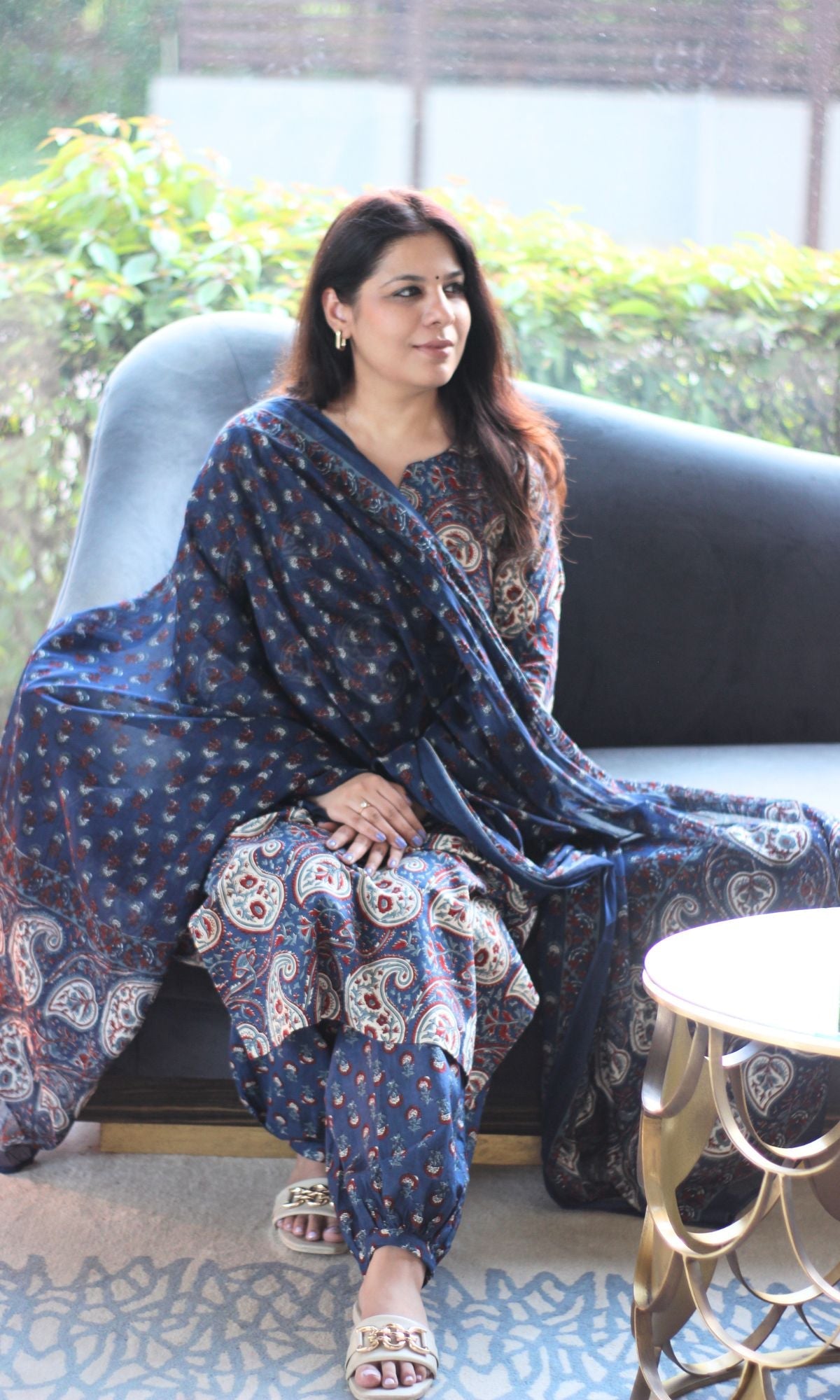 Cotton Deep Blue Kalamkari Suit Set with Afgani Pants and Cotton Printed Dupatta - Baareeki