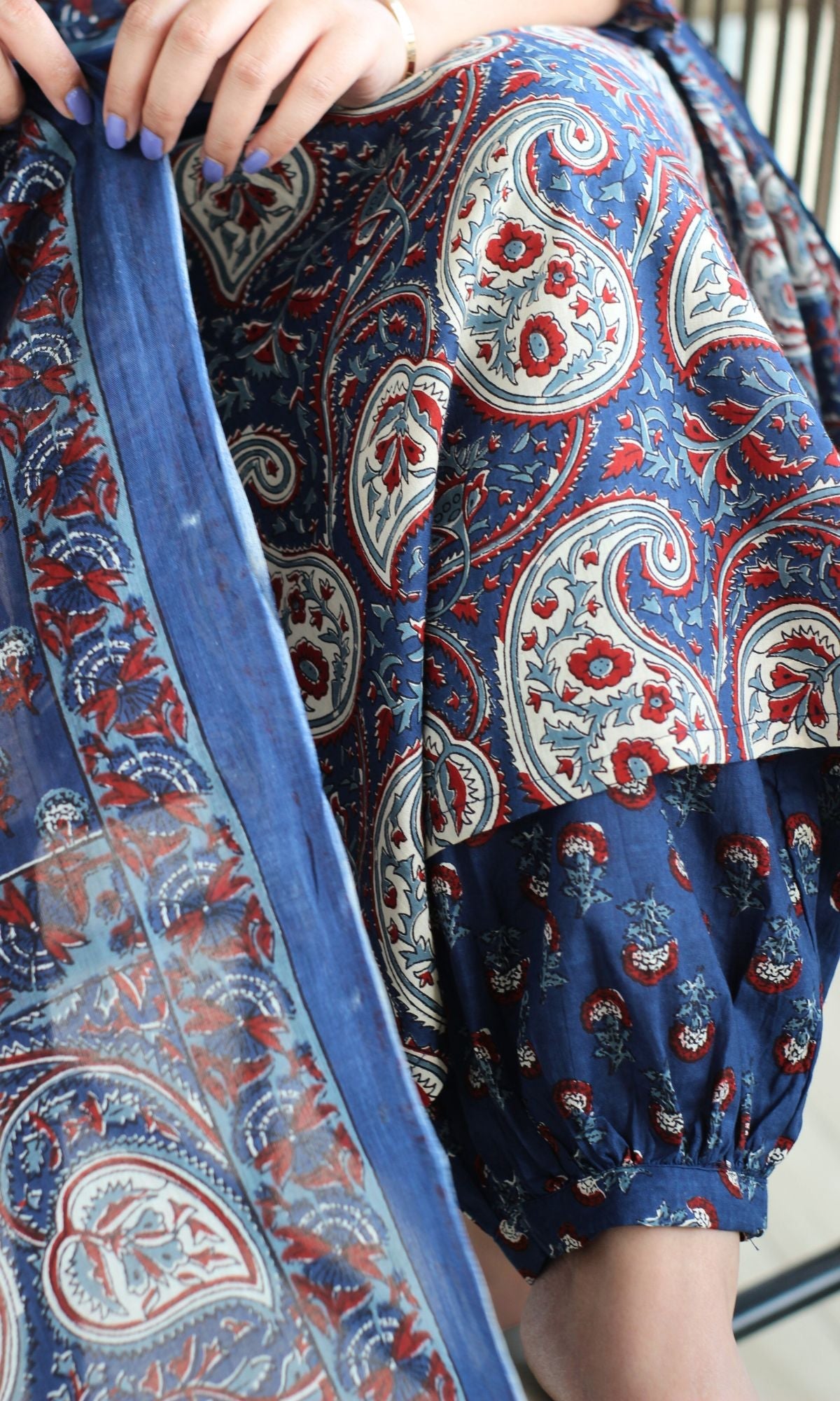 Cotton Deep Blue Kalamkari Suit Set with Afgani Pants and Cotton Printed Dupatta - Baareeki