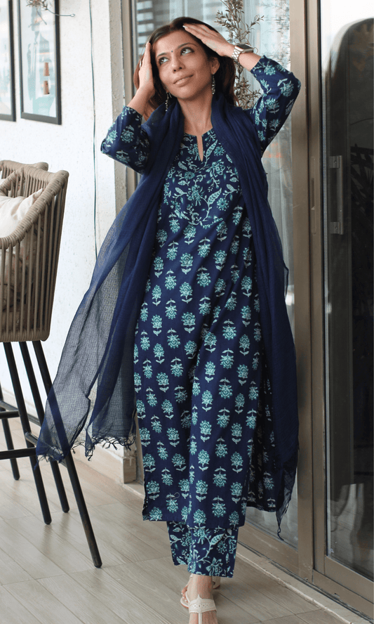 Cotton Deep Blue Sanganeri Print Suit with Kota Doria Dupatta - Baareeki