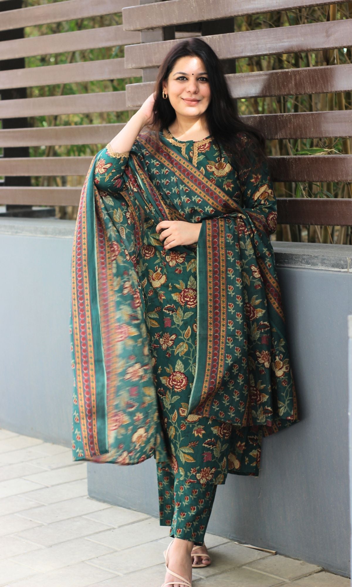 Cotton Deep Green Printed Suit Set with Printed Cotton Dupatta - Baareeki