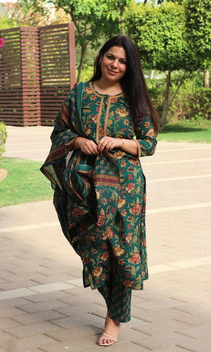 Cotton Deep Green Printed Suit Set with Printed Cotton Dupatta - Baareeki