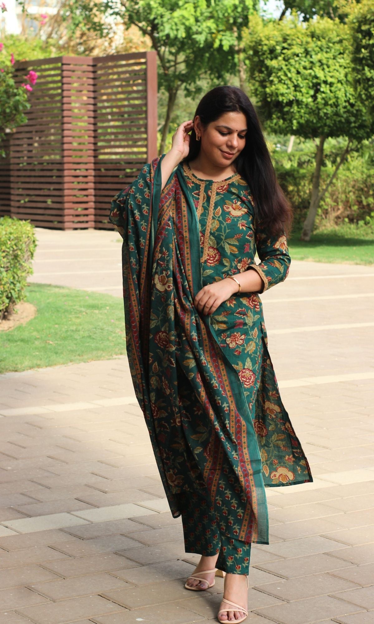 Cotton Deep Green Printed Suit Set with Printed Cotton Dupatta - Baareeki