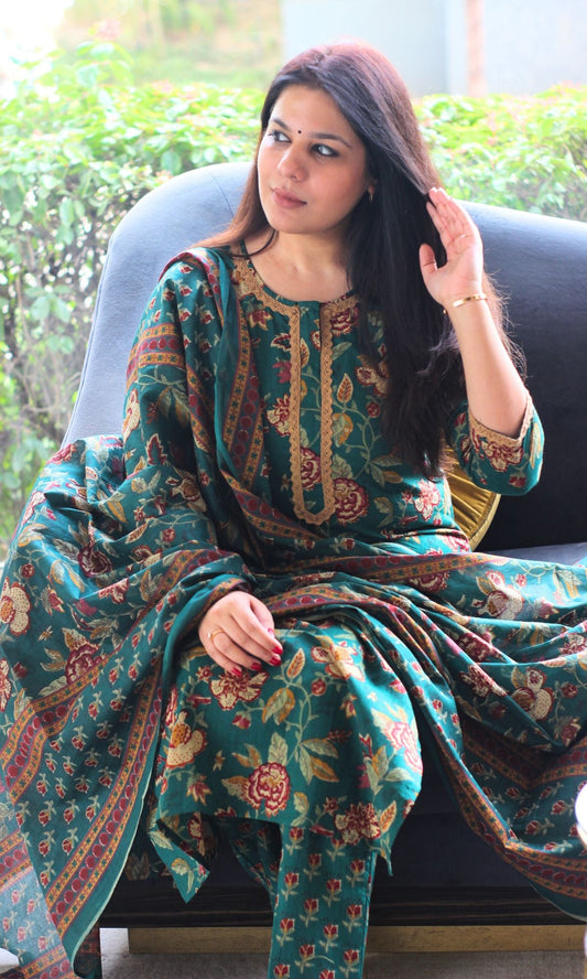 Cotton Deep Green Printed Suit Set with Printed Cotton Dupatta - Baareeki