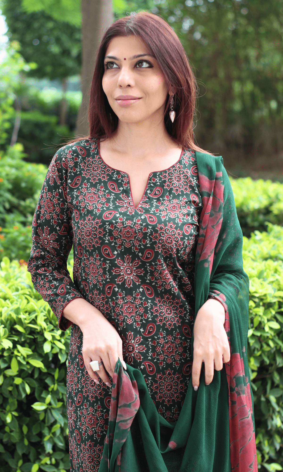 Cotton Deep Green & Red Ajrakh Print Kurta, Solid Pants & Shibori Chiffon Dupatta - Baareeki