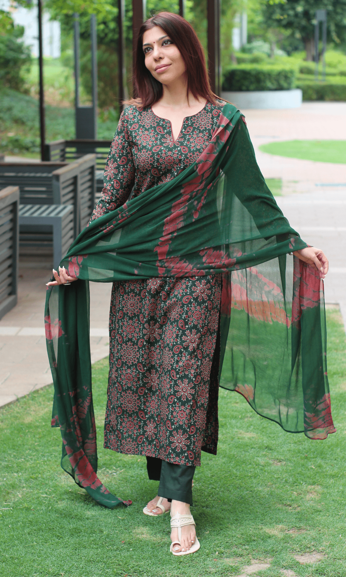 Cotton Deep Green & Red Ajrakh Print Kurta, Solid Pants & Shibori Chiffon Dupatta - Baareeki