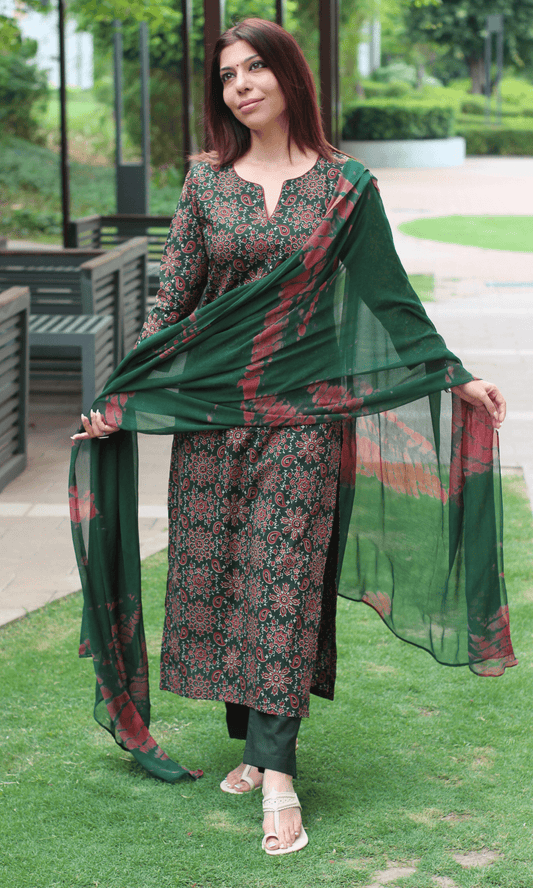 Cotton Deep Green & Red Ajrakh Print Kurta, Solid Pants & Shibori Chiffon Dupatta - Baareeki