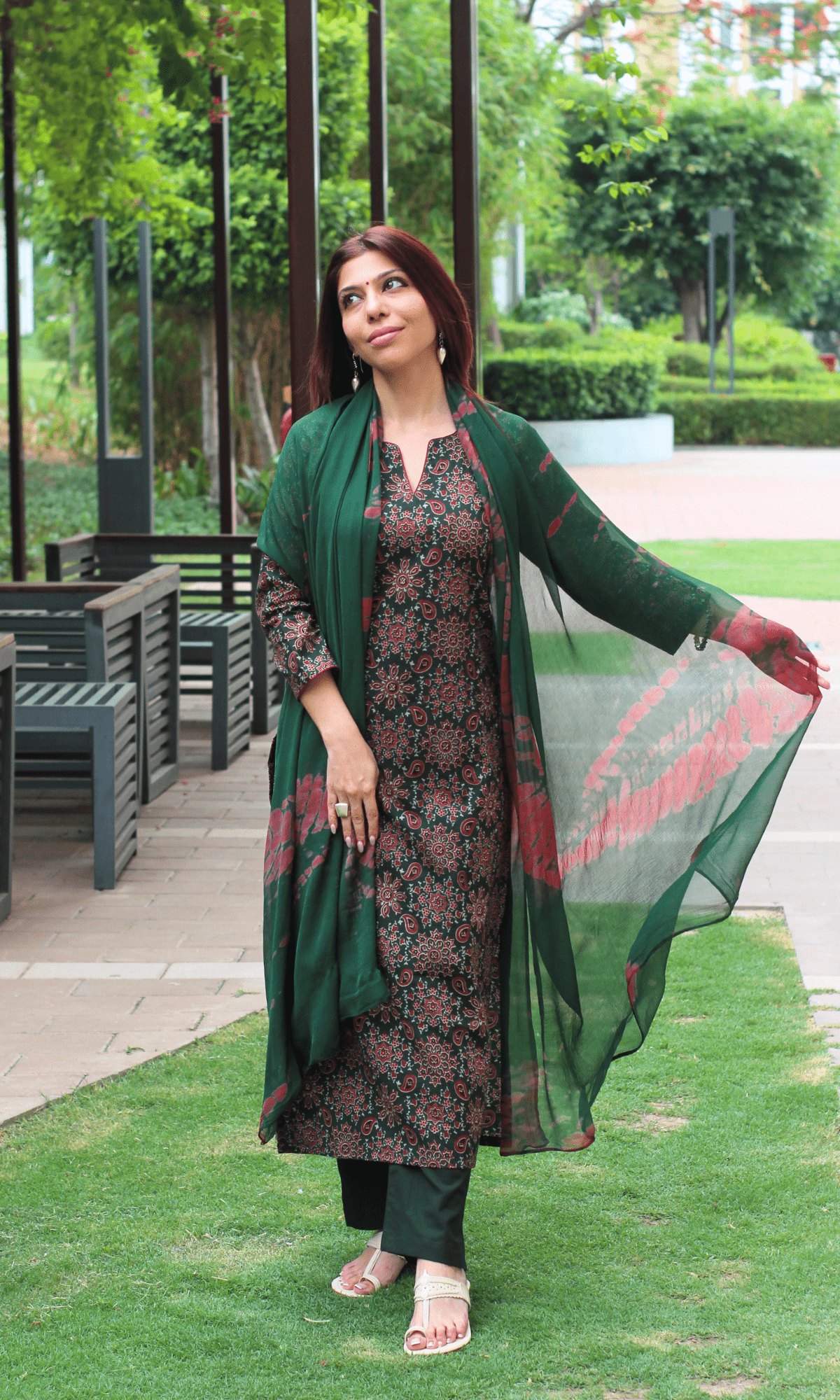 Cotton Deep Green & Red Ajrakh Print Kurta, Solid Pants & Shibori Chiffon Dupatta - Baareeki