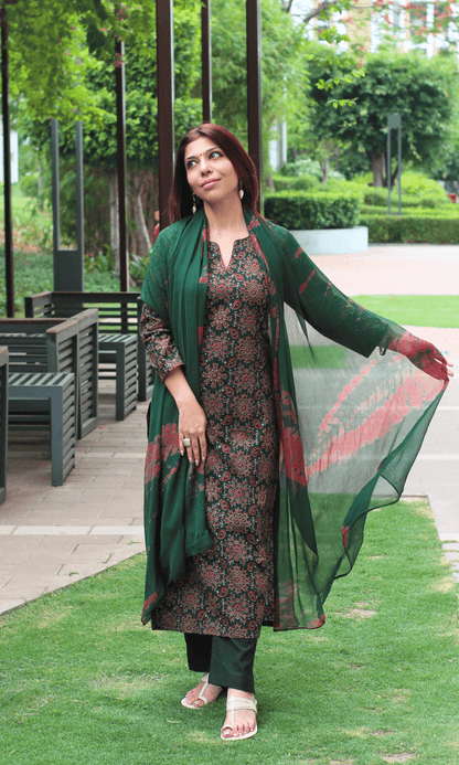 Cotton Deep Green & Red Ajrakh Print Kurta, Solid Pants & Shibori Chiffon Dupatta - Baareeki