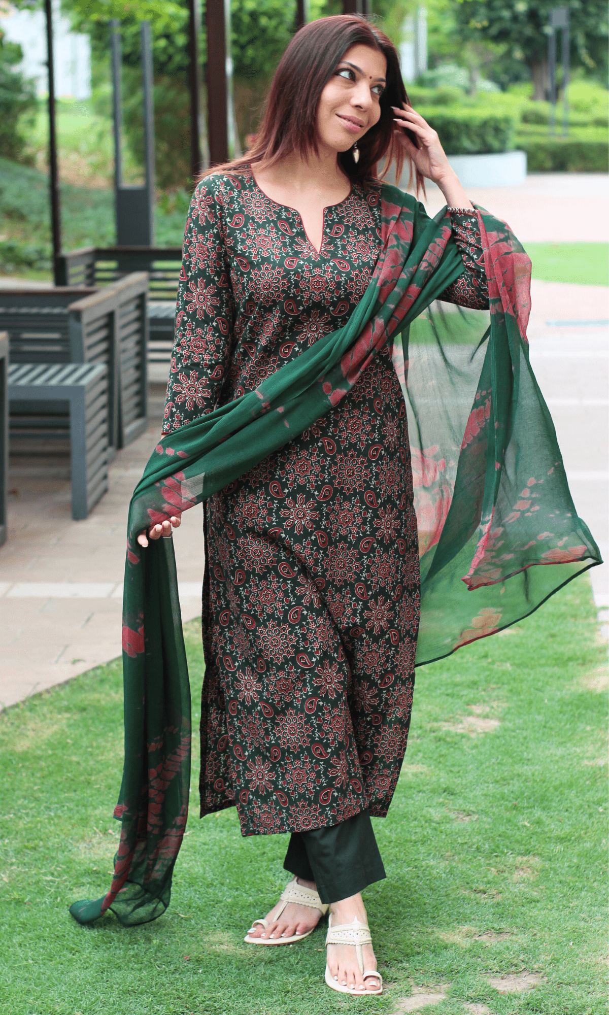 Cotton Deep Green & Red Ajrakh Print Kurta, Solid Pants & Shibori Chiffon Dupatta - Baareeki