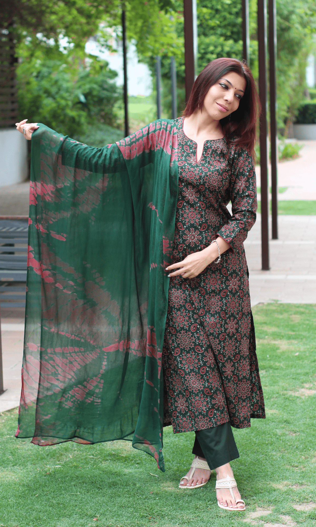 Cotton Deep Green & Red Ajrakh Print Kurta, Solid Pants & Shibori Chiffon Dupatta - Baareeki