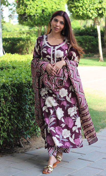 Cotton Deep Purple Suit Set and Dupatta with Lace detailing - Baareeki