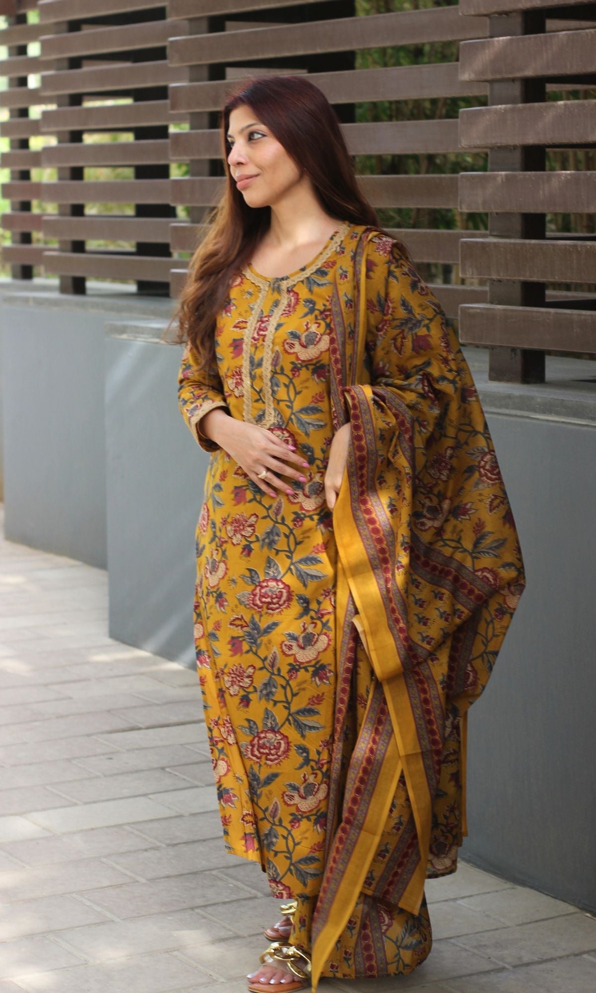 Cotton Deep Yellow Printed Suit Set with Printed Cotton Dupatta