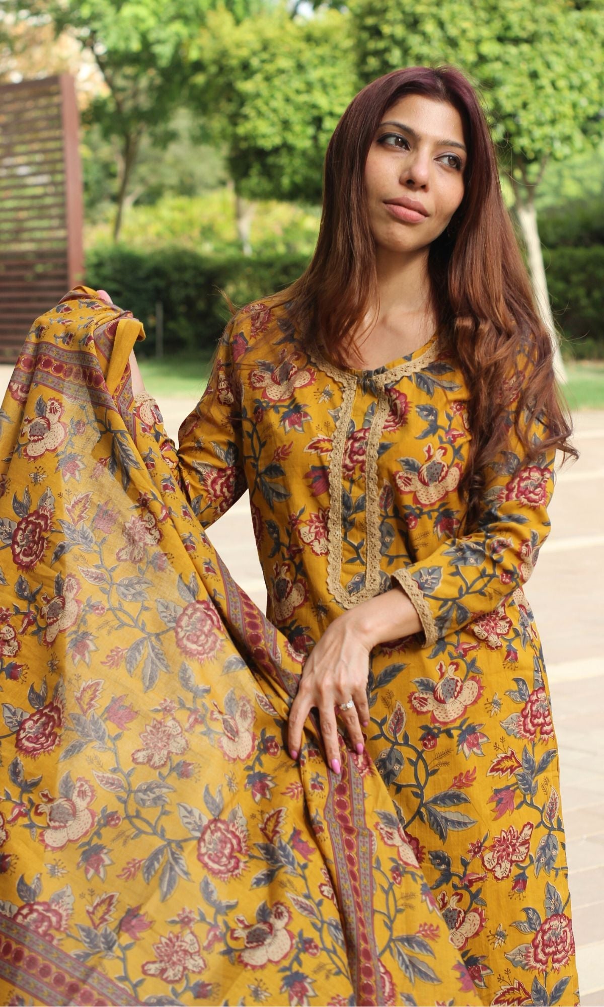 Cotton Deep Yellow Printed Suit Set with Printed Cotton Dupatta - Baareeki