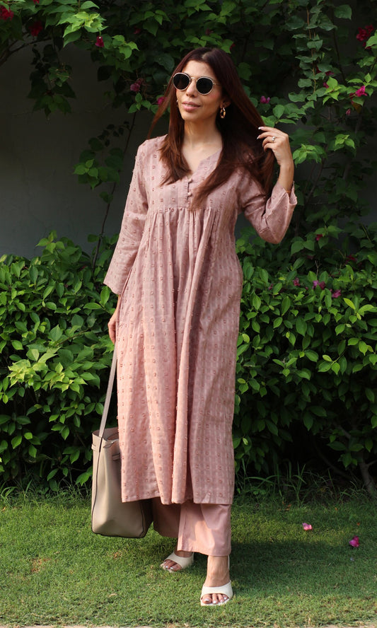 Cotton Dobby Pleated Buttoned Mauve Coord Set - Baareeki