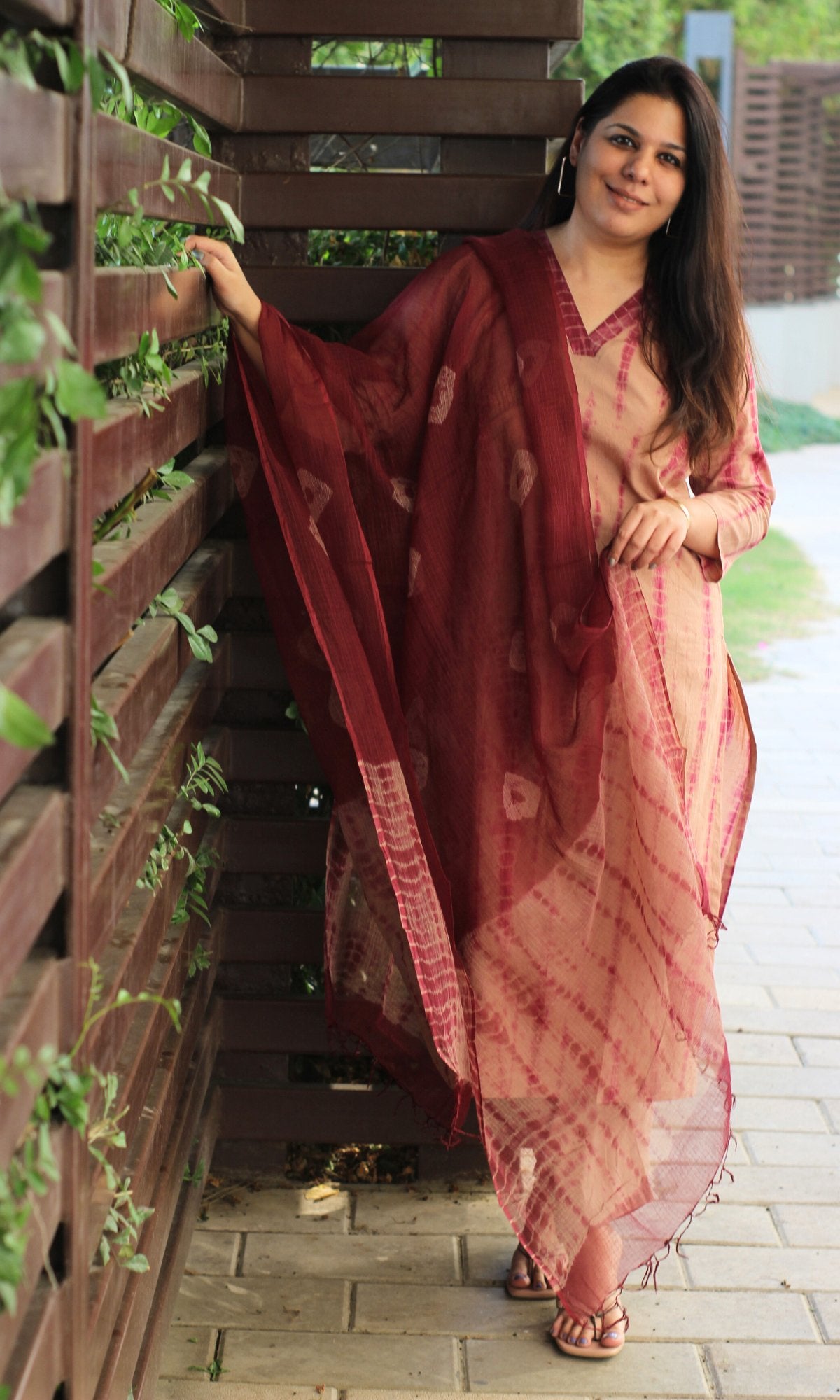 Cotton Dusty Pink Tie & Dye Suit with Kota Doria Dupatta - Baareeki