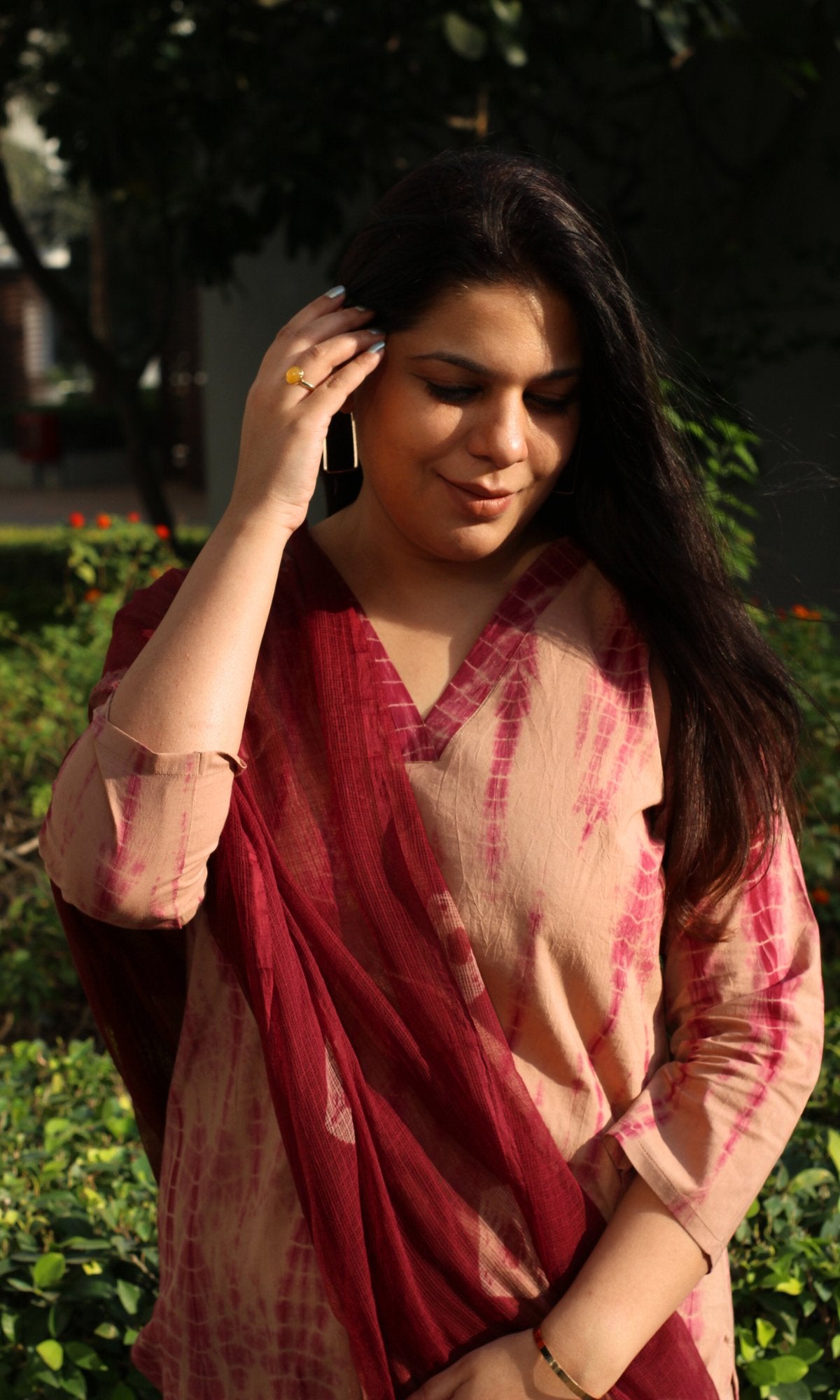 Cotton Dusty Pink Tie & Dye Suit with Kota Doria Dupatta - Baareeki