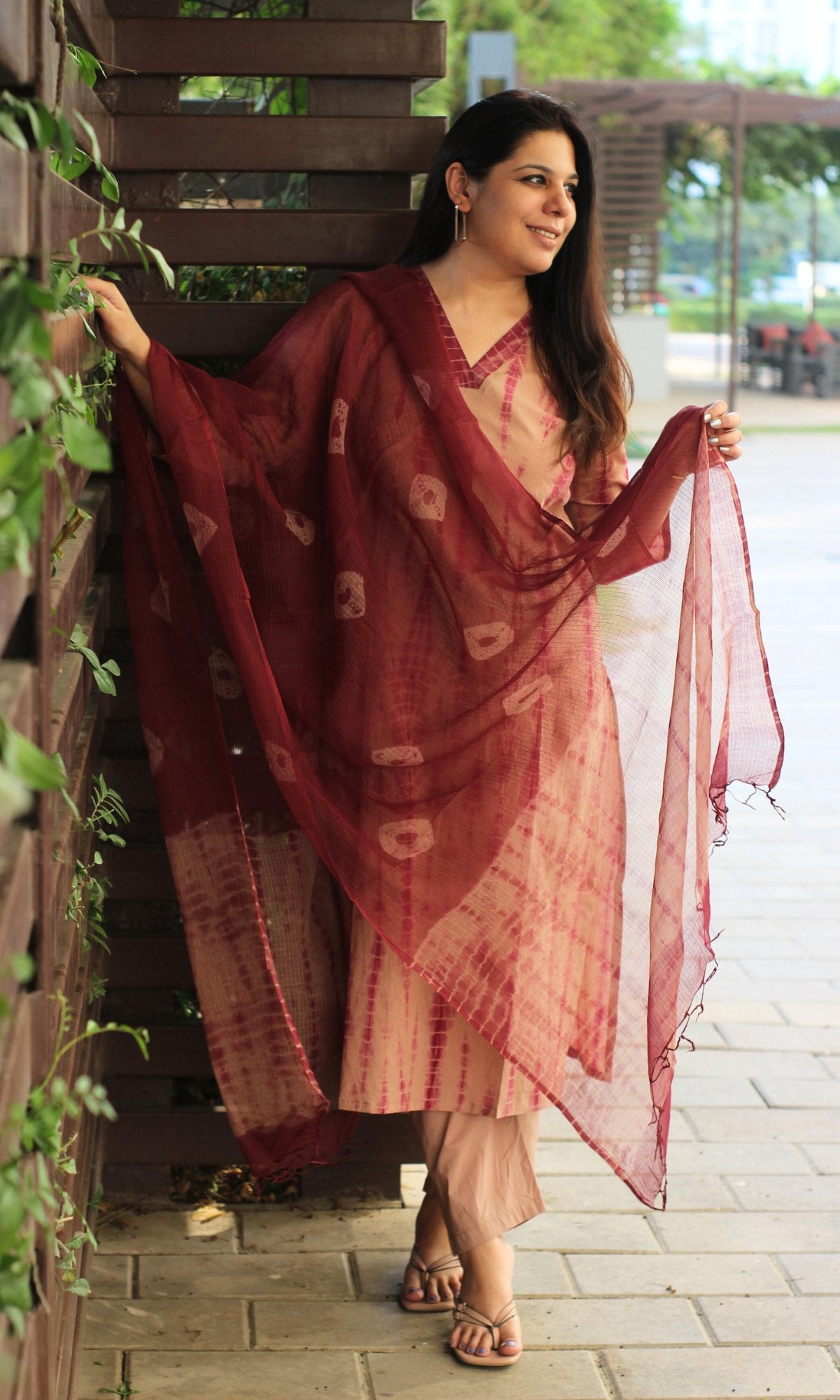 Cotton Dusty Pink Tie & Dye Suit with Kota Doria Dupatta - Baareeki