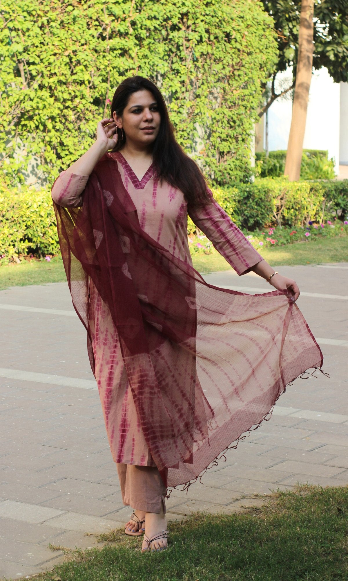 Cotton Dusty Pink Tie & Dye Suit with Kota Doria Dupatta - Baareeki