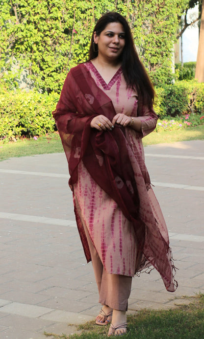 Cotton Dusty Pink Tie & Dye Suit with Kota Doria Dupatta - Baareeki