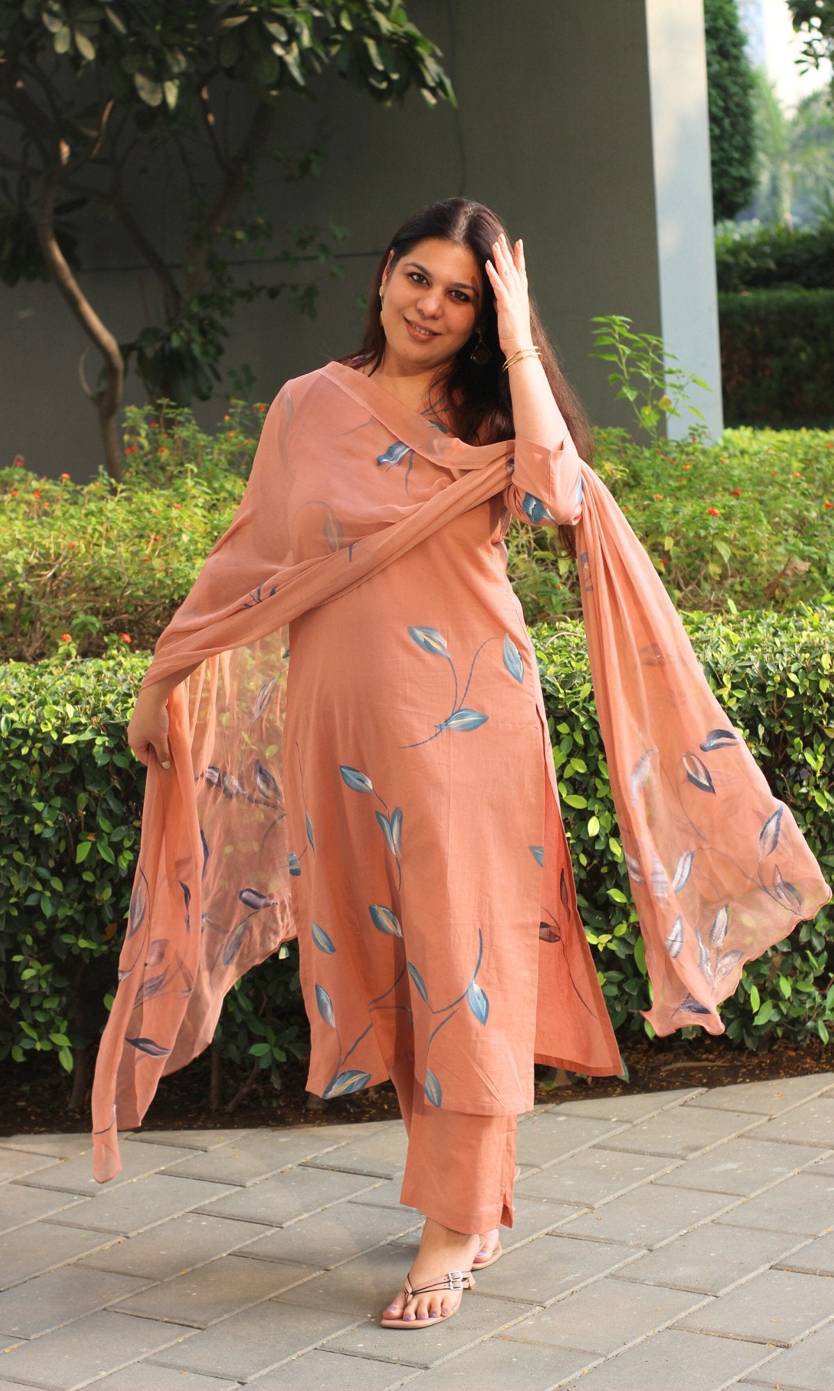 Cotton Dusty Rose Handbrush Painted Suit with Chiffon Handpainted Dupatta - Baareeki