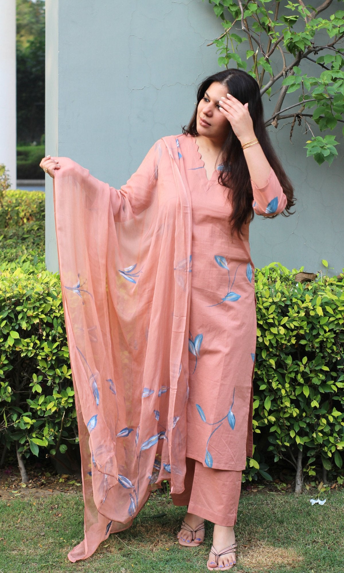 Cotton Dusty Rose Handbrush Painted Suit with Chiffon Handpainted Dupatta - Baareeki