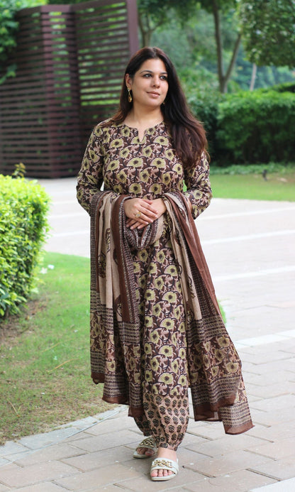 Cotton Earthy Brown Printed Suit Set with Cotton Printed Dupatta - Baareeki