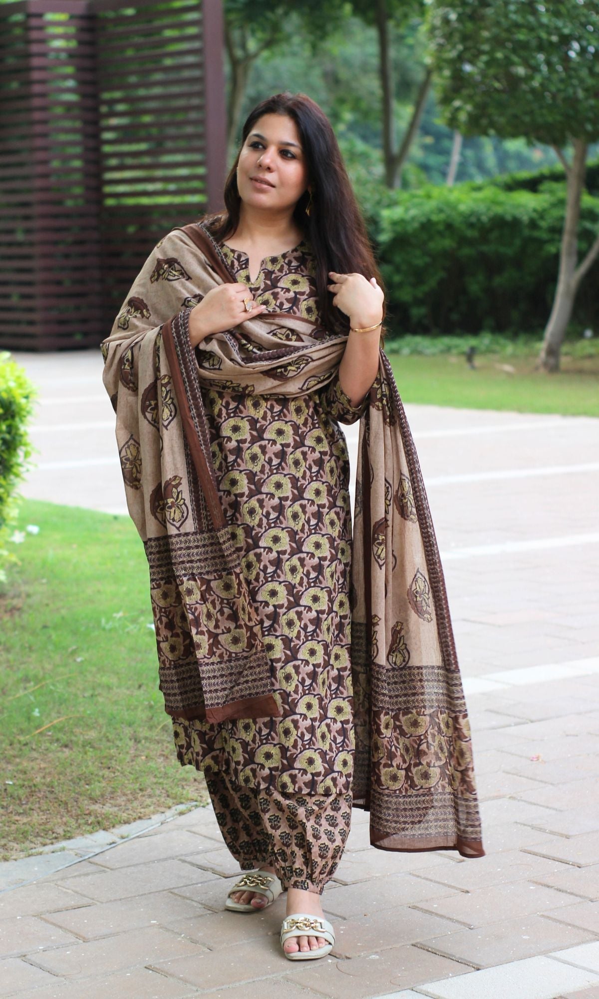 Cotton Earthy Brown Printed Suit Set with Cotton Printed Dupatta - Baareeki