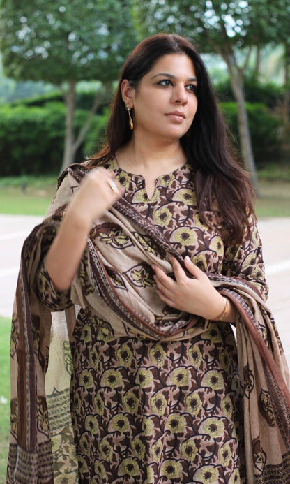 Cotton Earthy Brown Printed Suit Set with Cotton Printed Dupatta - Baareeki