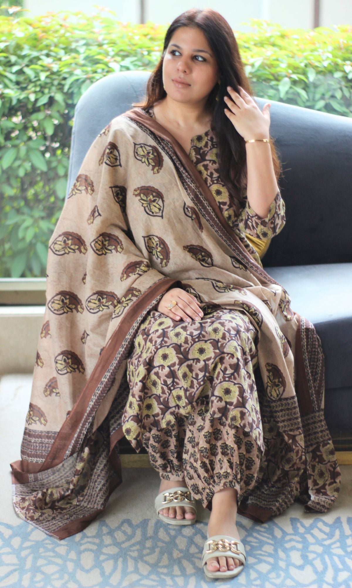 Cotton Earthy Brown Printed Suit Set with Cotton Printed Dupatta - Baareeki