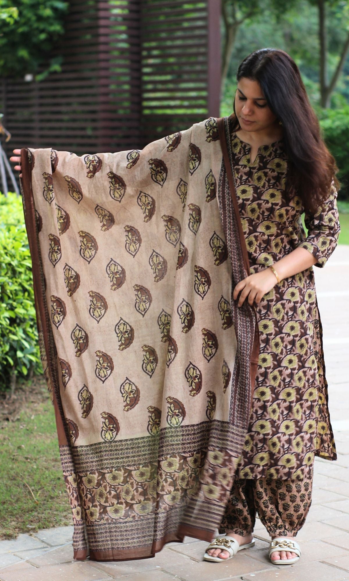 Cotton Earthy Brown Printed Suit Set with Cotton Printed Dupatta - Baareeki