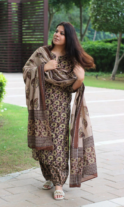 Cotton Earthy Brown Printed Suit Set with Cotton Printed Dupatta - Baareeki