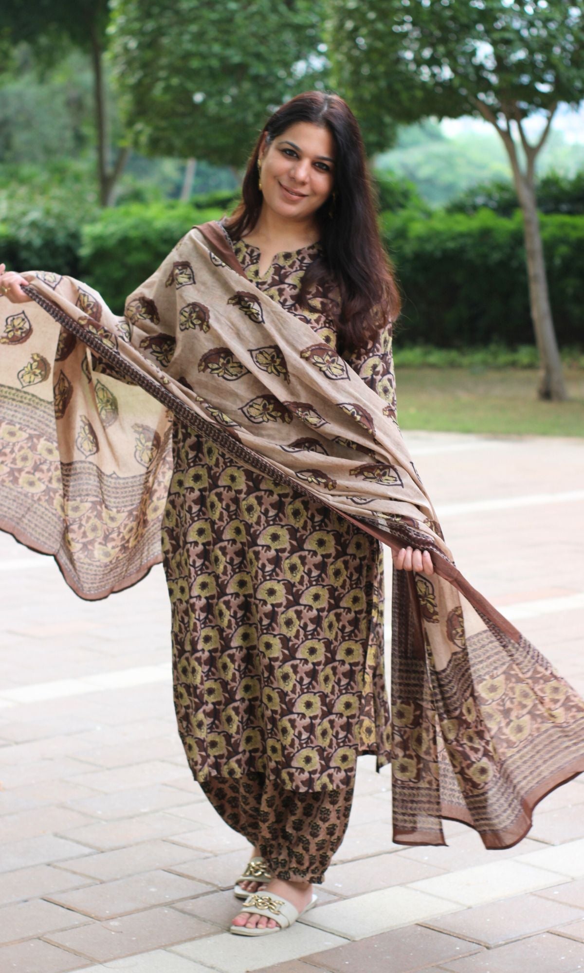 Cotton Earthy Brown Printed Suit Set with Cotton Printed Dupatta - Baareeki