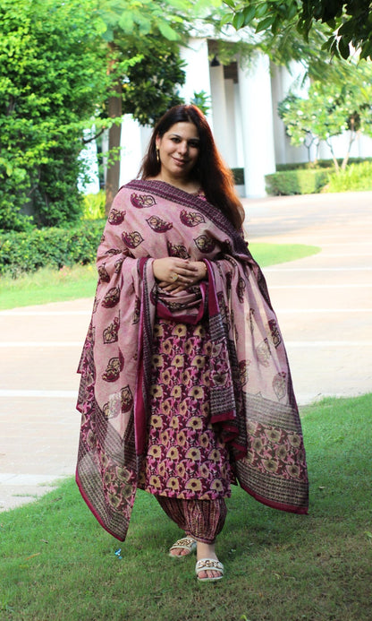 Cotton Earthy Pink Vanaspati Suit Set with Afgani Pants & Cotton Dupatta - Baareeki