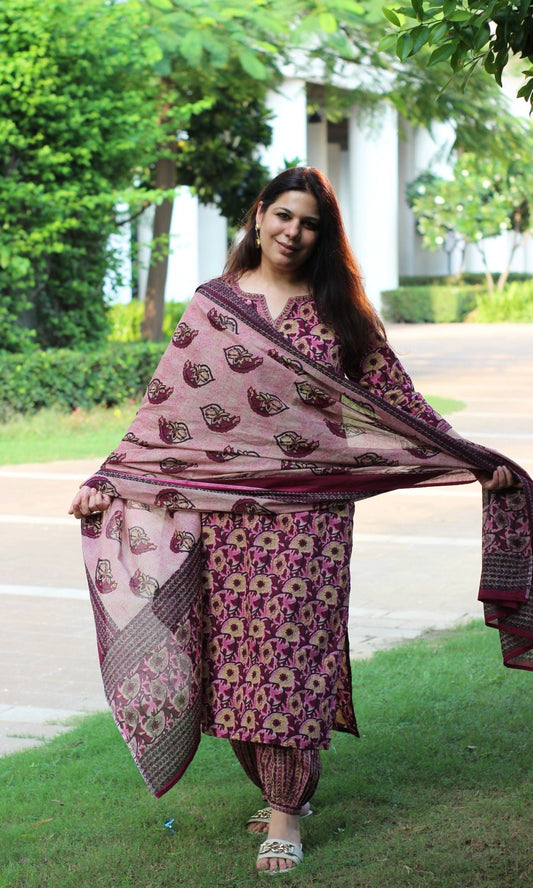 Cotton Earthy Pink Vanaspati Suit Set with Afgani Pants & Cotton Dupatta - Baareeki