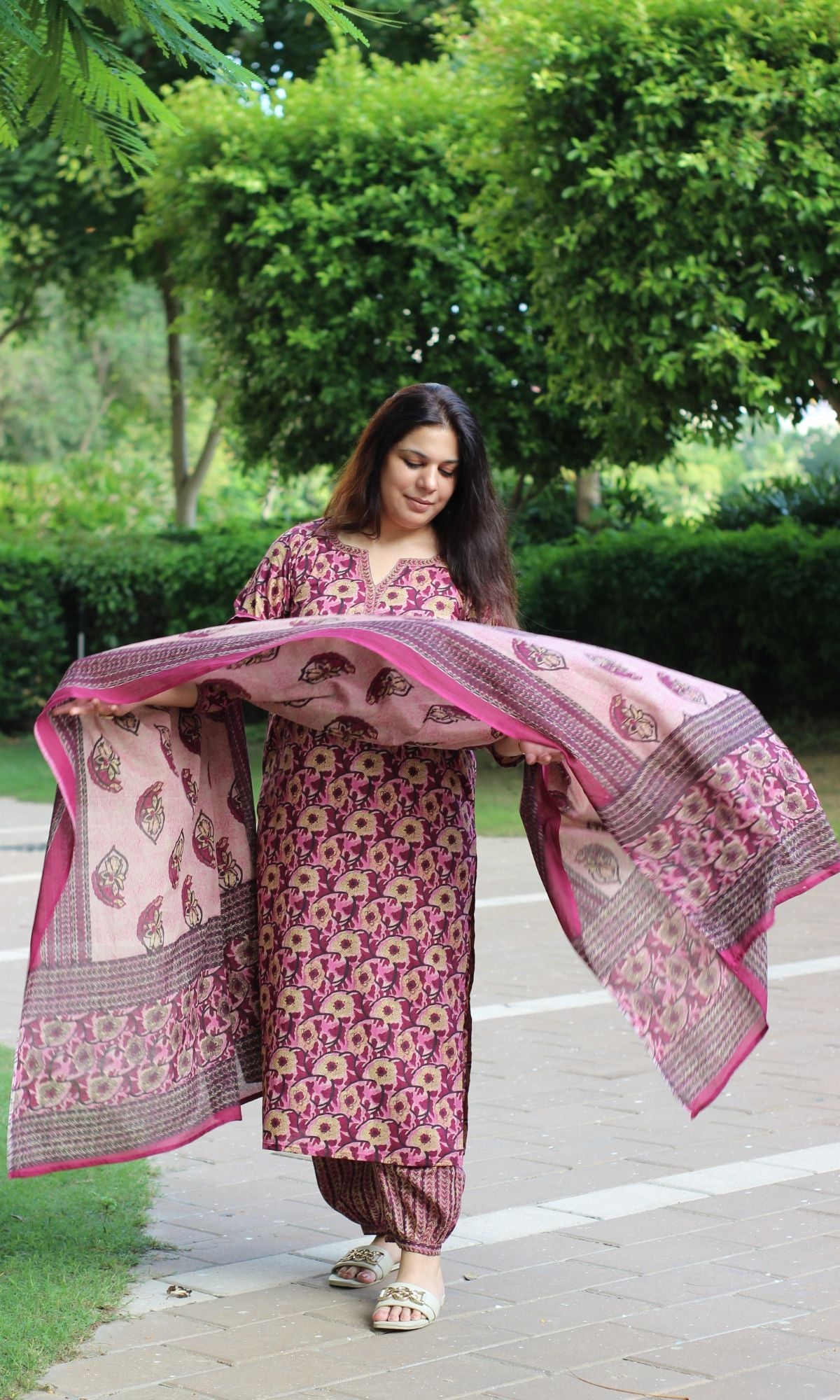 Cotton Earthy Pink Vanaspati Suit Set with Afgani Pants & Cotton Dupatta - Baareeki