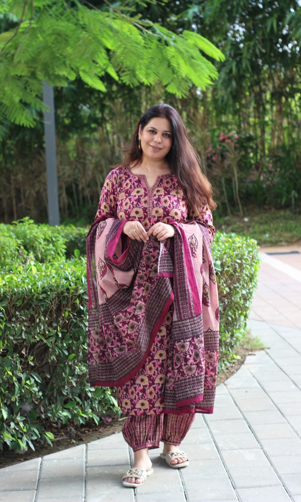 Cotton Earthy Pink Vanaspati Suit Set with Afgani Pants & Cotton Dupatta - Baareeki