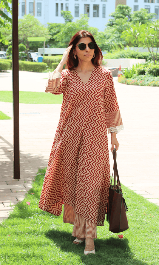 Cotton Earthy Red Zig Zest High Low Kurta & Pants - Baareeki