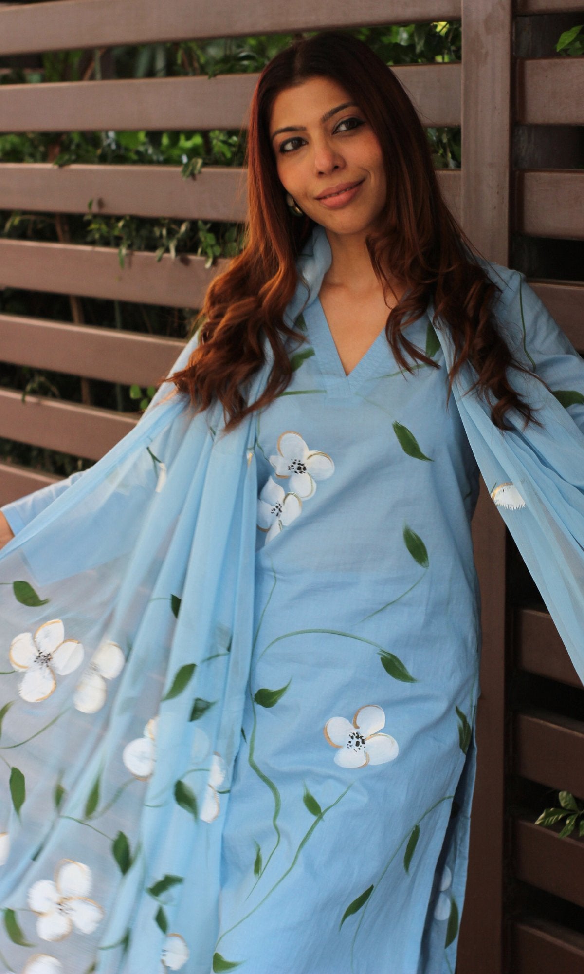 Cotton English Blue Handpainted Suit Set with Chiffon Handpainted Dupatta - Baareeki