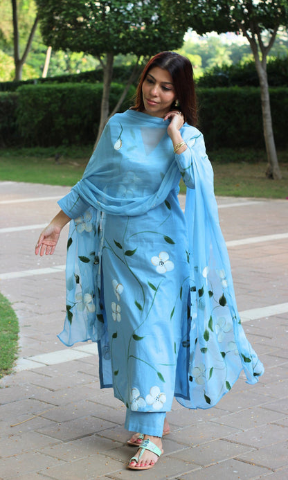 Cotton English Blue Handpainted Suit Set with Chiffon Handpainted Dupatta - Baareeki