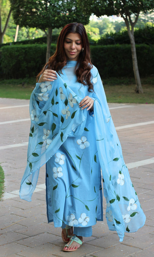 Cotton English Blue Handpainted Suit Set with Chiffon Handpainted Dupatta - Baareeki