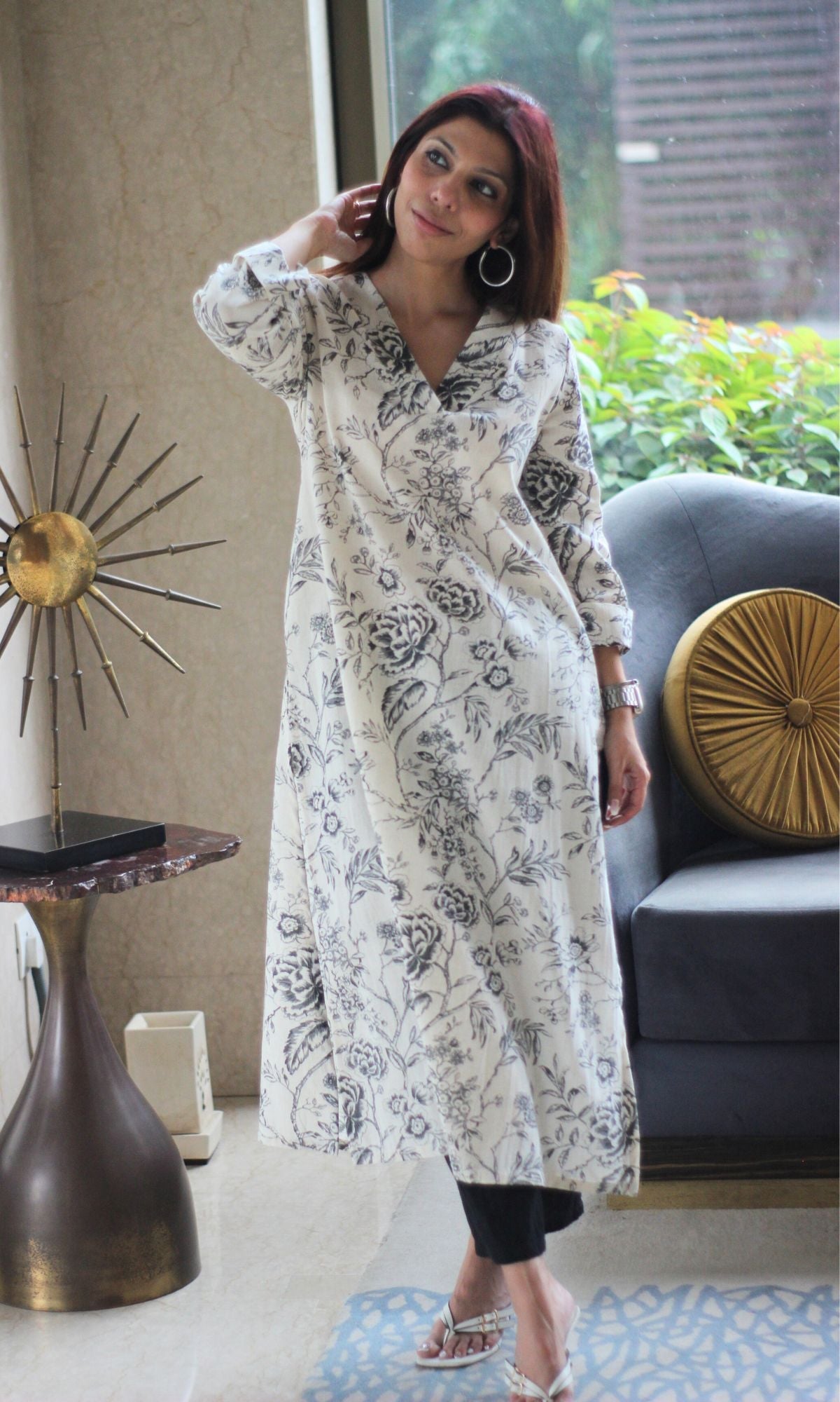 Cotton Flex White & Black Printed Kurta - Baareeki