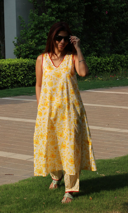 Cotton Flowery Yellow A - line Kurta with Pleated Pants - Baareeki