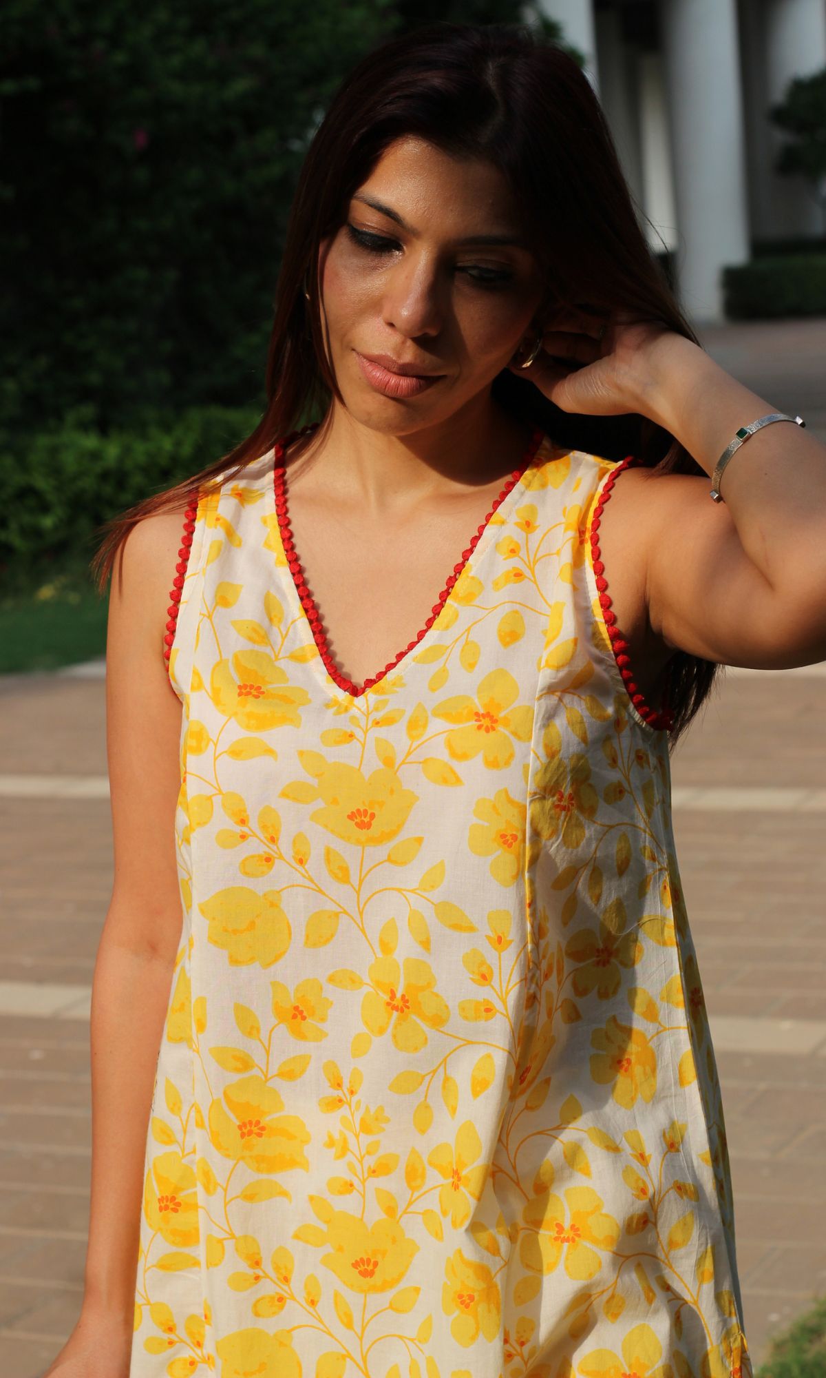 Cotton Flowery Yellow A - line Kurta with Pleated Pants - Baareeki