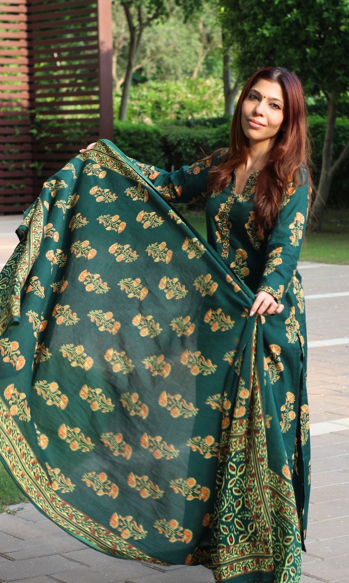 Cotton Forest Green with Orange Boota Suit Set & Cotton Printed Dupatta - Baareeki