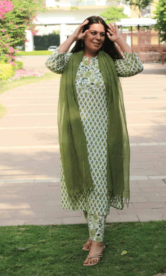 Cotton Garden Green Printed Kurta, Pant with Kota Doria Dupatta - Baareeki