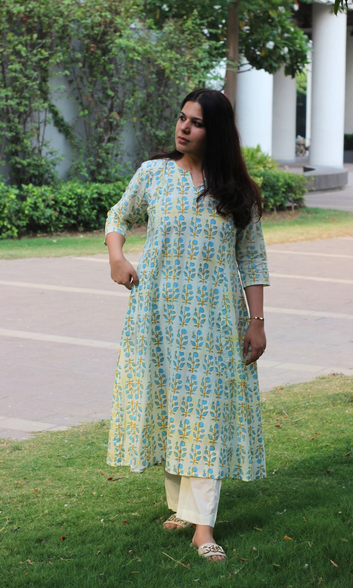 Cotton Gradient Lemon and Blue Kali Kurta - Baareeki